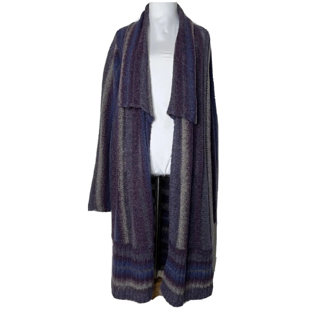 Chicos Sweater Womens XL 16 Open Front Long Duster Cardigan Ribbed Striped